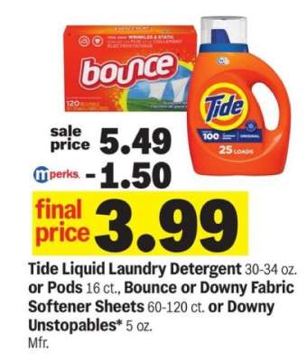 Tide Liquid Laundry Detergent or Pods, Bounce or Downy Fabric Softener Sheets or Downy Unstopables