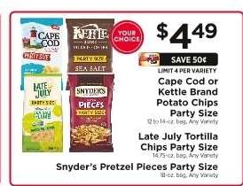 Cape Cod or Kettle Brand Potato Chips Party Size, Late July Tortilla Chips Party Size, Snyder's Pretzel Pieces Party Size