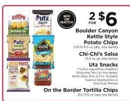 Boulder Canyon Kettle Style Potato Chips, Chi-Chi’s Salsa, Utz Snacks, On the Border Tortilla Chips