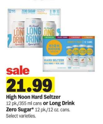 High Noon Hard Seltzer or Long Drink Zero Sugar