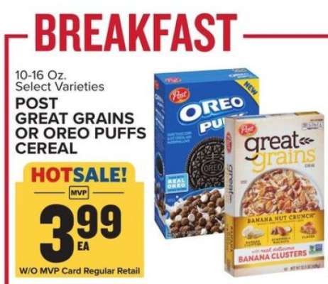 Post Great Grains or Oreo Puffs Cereal