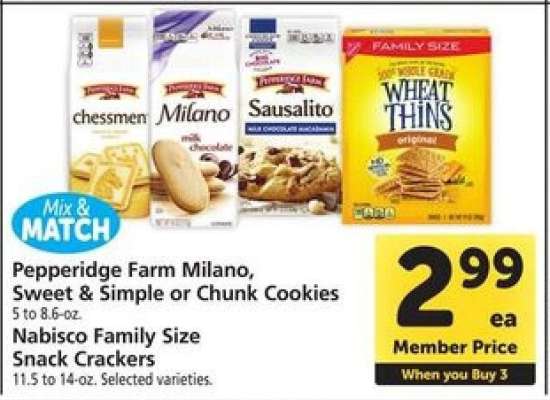 Pepperidge Farm Milano, Sweet & Simple or Chunk Cookies and Nabisco Family Size Snack Crackers
