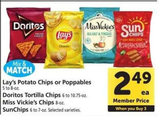 Lay's Potato Chips or Poppables, Doritos Tortilla Chips, Miss Vickie’s Chips, SunChips