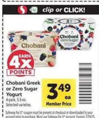 Chobani Greek or Zero Sugar Yogurt