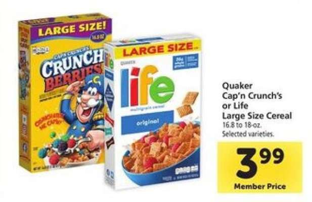Quaker Cap'n Crunch's or Life Large Size Cereal