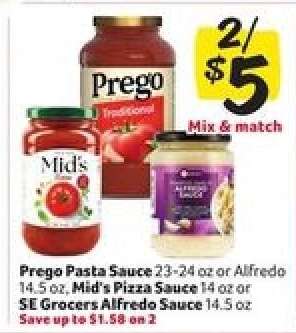 Prego Pasta Sauce, Mid's Pizza Sauce, SE Grocers Alfredo Sauce