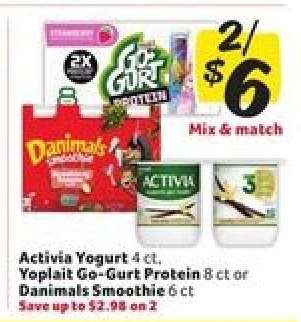 Activia Yogurt, Yoplait Go-Gurt Protein, Danimals Smoothie