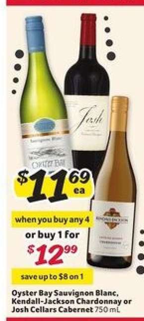 Oyster Bay Sauvignon Blanc, Kendall-Jackson Chardonnay or Josh Cellars Cabernet