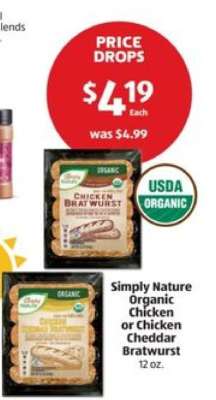 Simply Nature Organic Chicken or Chicken Cheddar Bratwurst