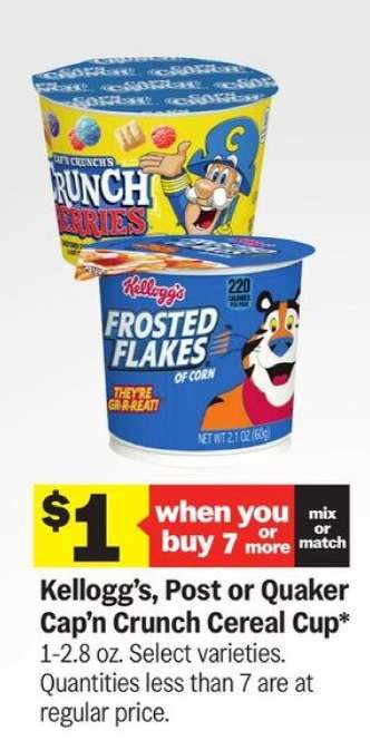Kellogg’s, Post or Quaker Cap’n Crunch Cereal Cup