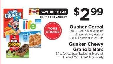 Quaker Cereal or Quaker Chewy Granola Bars