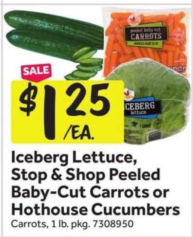 Iceberg Lettuce, Stop & Shop Peeled Baby-Cut Carrots or Hothouse Cucumbers