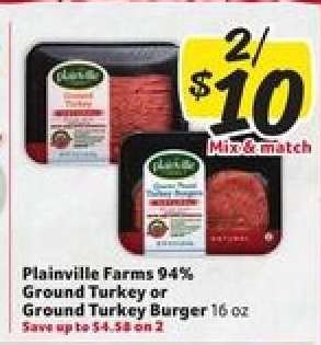 Plainville Farms 94% Ground Turkey or Ground Turkey Burger