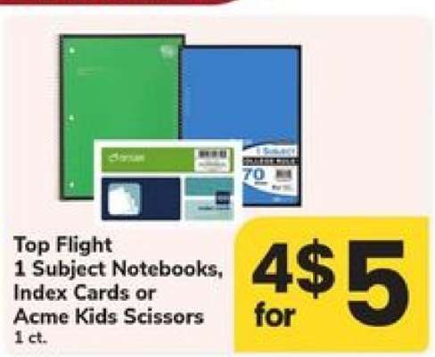 Top Flight 1 Subject Notebooks, Index Cards or Acme Kids Scissors
