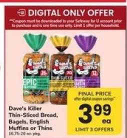 Dave's Killer Thin-Sliced Bread, Bagels, English Muffins or Thins
