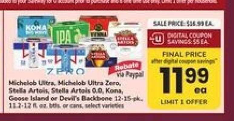 Michelob Ultra, Michelob Ultra Zero, Stella Artois, Stella Artois 0.0, Kona, Goose Island or Devil's Backbone