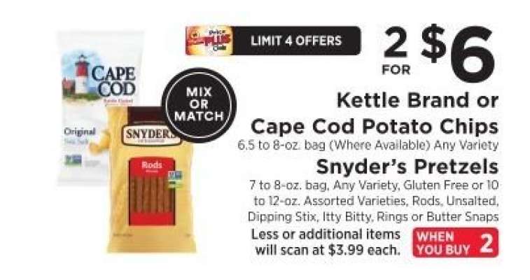 Kettle Brand or Cape Cod Potato Chips, Snyder’s Pretzels