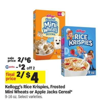 Kellogg’s Rice Krispies, Frosted Mini Wheats or Apple Jacks Cereal