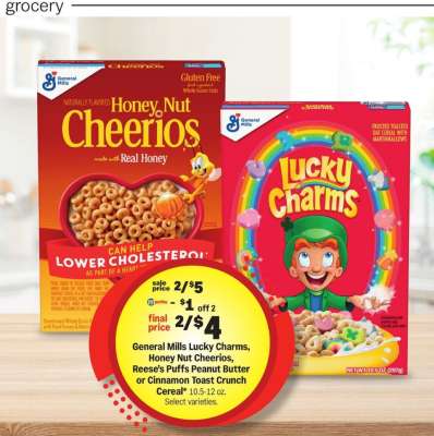 General Mills Lucky Charms, Honey Nut Cheerios, Reese's Puffs Peanut Butter or Cinnamon Toast Crunch Cereal
