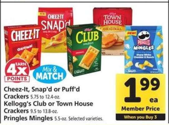 Cheez-It, Snap'd or Puff'd Crackers, Kellogg's Club or Town House Crackers, Pringles Mingles