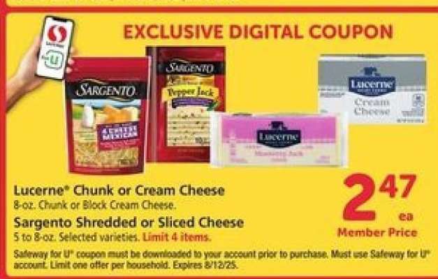 Lucerne Chunk or Cream Cheese, Sargento Shredded or Sliced Cheese