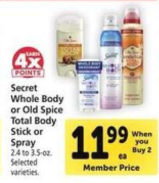 Secret Whole Body or Old Spice Total Body Stick or Spray