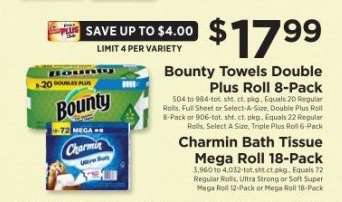 Bounty Towels Double Plus Roll 8-Pack / Charmin Bath Tissue Mega Roll 18-Pack