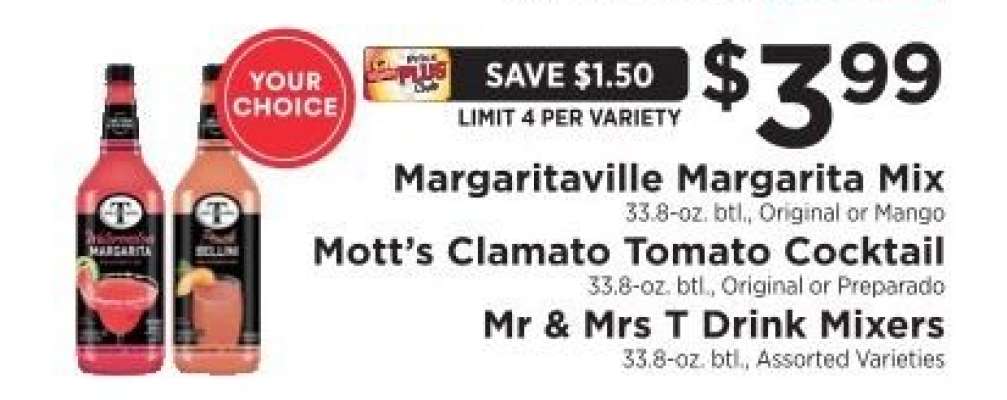 Margaritaville Margarita Mix, Mott’s Clamato Tomato Cocktail, Mr & Mrs T Drink Mixers