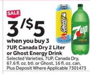 7UP, Canada Dry 2 Liter or Ghost Energy Drink