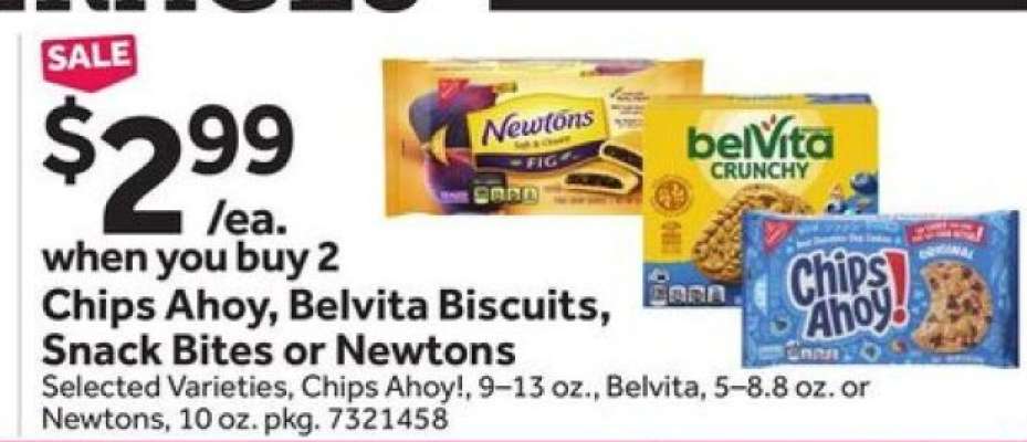 Chips Ahoy, Belvita Biscuits, Snack Bites or Newtons