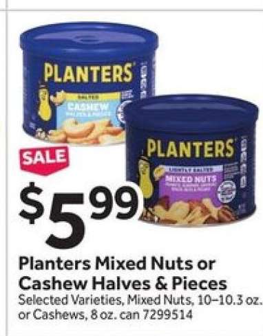 Planters Mixed Nuts Or Cashew Halves & Pieces
