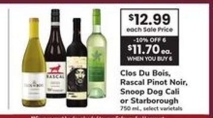 Clos Du Bois, Rascal Pinot Noir, Snoop Dog Cali or Starborough