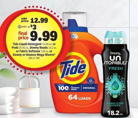 Tide Liquid Detergent or Pods or Downy Beads or Fabric Softener or Mega Sheets