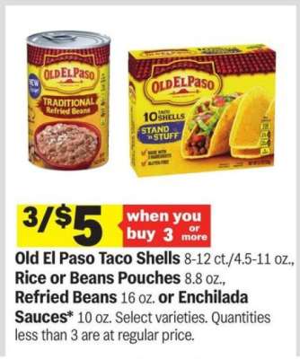 Old El Paso Taco Shells, Rice or Beans Pouches, Refried Beans, Enchilada Sauces