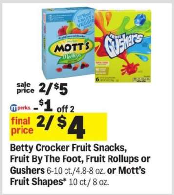 Betty Crocker Fruit Snacks, Fruit By The Foot, Fruit Rollups or Gushers