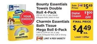 Bounty Essentials Towels Double Roll 4-Pack / Charmin Essentials Bath Tissue Mega Roll 6-Pack