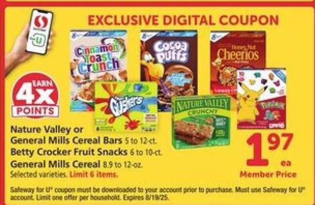 Nature Valley or General Mills Cereal Bars, Betty Crocker Fruit Snacks, General Mills Cereal