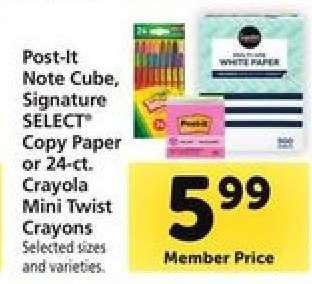 Post-It Note Cube, Signature SELECT Copy Paper or 24-ct. Crayola Mini Twist Crayons
