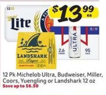 12 Pk Michelob Ultra, Budweiser, Miller, Coors, Yuengling or Landshark 12 oz