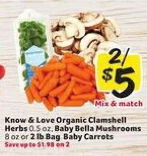 Know & Love Organic Clamshell Herbs, Baby Bella Mushrooms, or Bag Baby Carrots