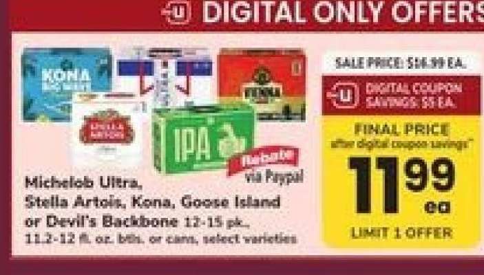 Michelob Ultra, Stella Artois, Kona, Goose Island or Devil's Backbone