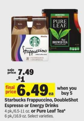 Starbucks Frappuccino, DoubleShot Espresso or Energy Drinks / Pure Leaf Tea