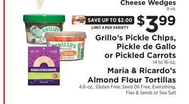 Grillo’s Pickle Chips, Pickle de Gallo or Pickled Carrots, Maria & Ricardo’s Almond Flour Tortillas
