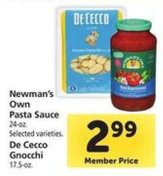 Newman's Own Pasta Sauce, De Cecco Gnocchi