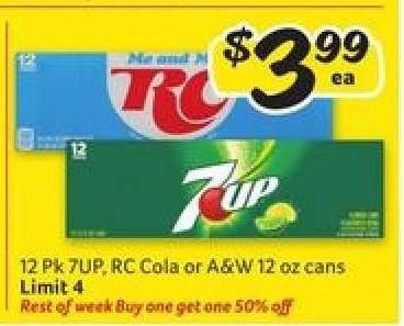 12 Pk 7UP, RC Cola or A&W 12 oz cans
