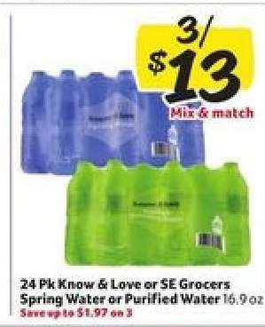 24 Pk Know & Love or SE Grocers Spring Water or Purified Water