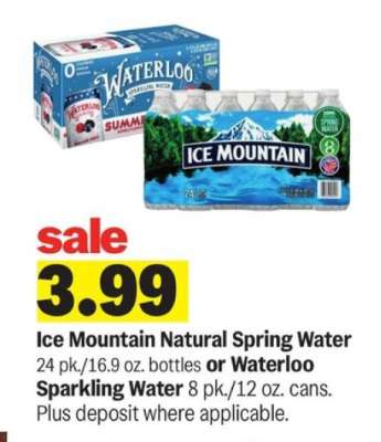 Ice Mountain Natural Spring Water or Waterloo Sparkling Water