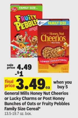 General Mills Honey Nut Cheerios or Lucky Charms or Post Honey Bunches of Oats or Fruity Pebbles Family Size Cereal