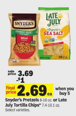 Snyder’s Pretzels or Late July Tortilla Chips