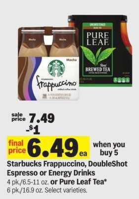 Starbucks Frappuccino, DoubleShot Espresso or Energy Drinks or Pure Leaf Tea